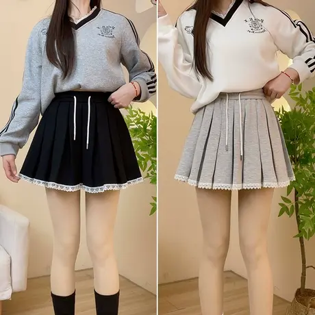 甜美风蕾丝花边百褶裙女2025新款高腰显瘦百搭a字短裙防走光图片