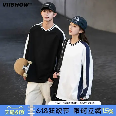 VIISHOW春季情侣宽松拼接撞色圆领长袖T恤男生日系条纹慵懒感上衣商品大图