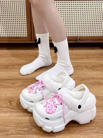 可爱厚底增高毛毛拖鞋女秋冬外穿2023新款防滑加绒洞洞鞋保暖棉拖商品大图