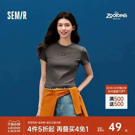 森马疯狂动物城短袖T恤女短款修身显瘦夏2025新款刺绣套头衫可爱商品大图