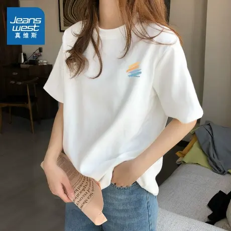 NOB真维斯白色短袖t恤女2025新款夏季纯棉正肩设计感宽松半袖上衣商品大图