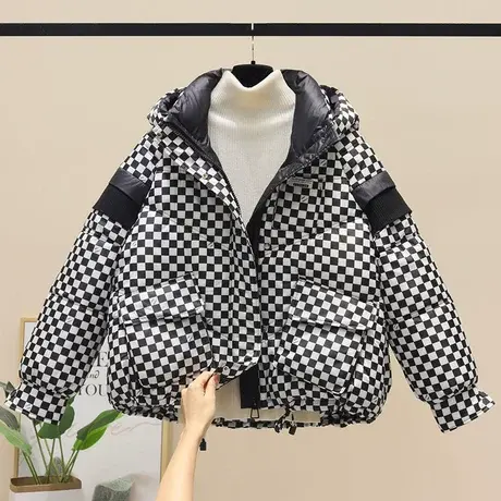 棋盘格子短款羽绒棉服女士小个子21新款宽松加厚设计感小众冬外套图片