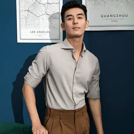 觉绅秋季温莎领衬衫男长袖纯色纹理修身商务休闲弹力青年正装衬衣商品大图