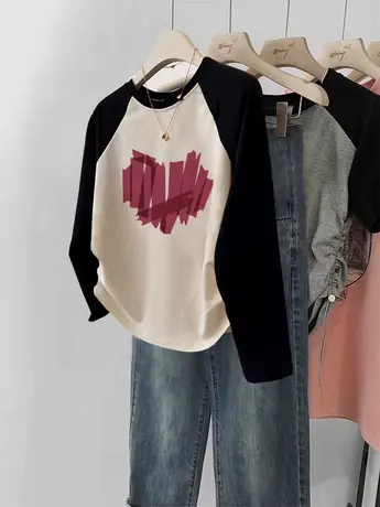 胖mm大码显瘦长袖T恤女秋季修身短款辣妹装打底衫ins潮牌美式上衣商品大图