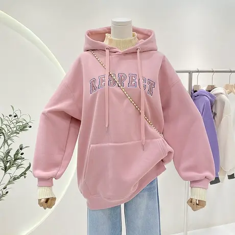 美式复古假两件拼接毛线领宽松显瘦加绒加厚连帽卫衣女休闲外套商品大图