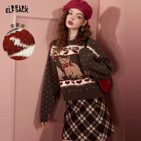 妖精的口袋咖色复古毛衣女2022秋冬季新款圆领内搭软糯氛围感上衣商品大图