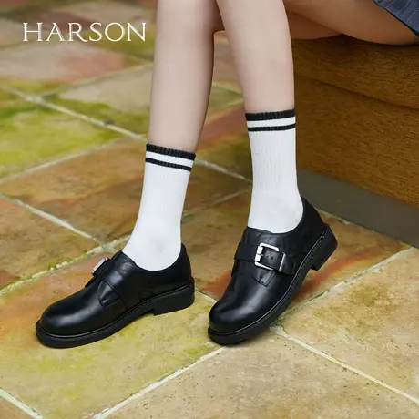 哈森/HARSON【爵士乐福鞋】25秋新款皮带扣复古上班通勤黑色皮鞋商品大图