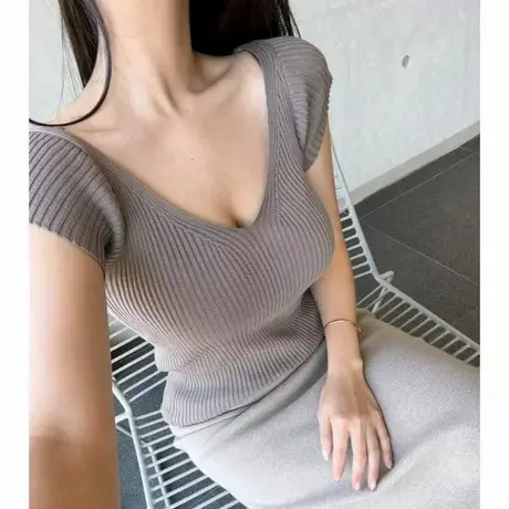 当天发 Onoev 性感微透显身材~新款修身薄针织衫短袖上衣图片