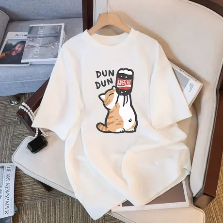 夏季可爱卡通小猫短袖t恤女2025新款白色纯棉设计感宽松上衣印花商品大图