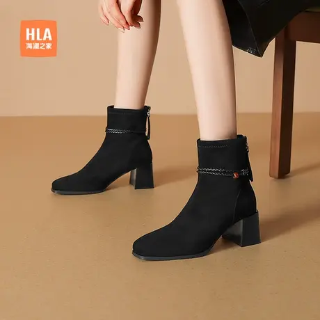 HLA/海澜之家短筒女靴2025新款磨砂皮尖头粗跟中跟通勤单靴马丁鞋商品大图