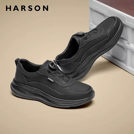 哈森旋钮扣男鞋春季商务休闲男士皮鞋黑色软底公务鞋真皮运动鞋男商品大图
