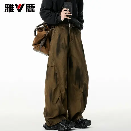 雅鹿宽松遮肉时尚弯刀拖地休闲裤2026春夏新款男青年时尚阔腿长裤商品大图