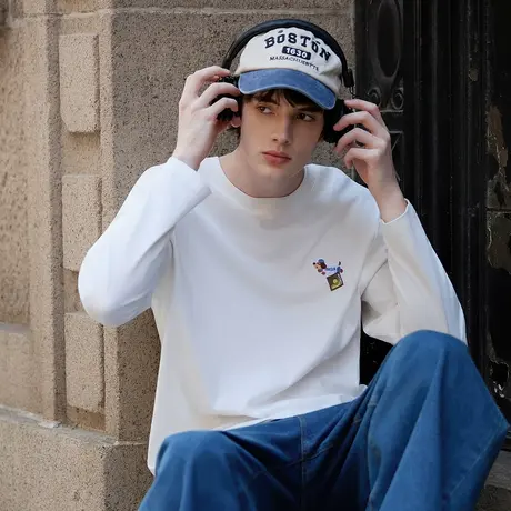 唐狮秋季新款长袖T恤男宽松腊肠小标圆领上衣内搭纯色打底衫TMTA商品大图