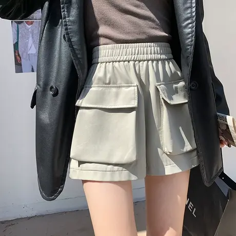 复古休闲立体口袋超火超软PU皮短裤女秋冬新款高腰百搭辣妹工装裤图片