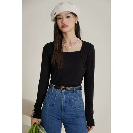 弥古法式方领打底衫黑色长袖t恤女2023新款秋冬内搭针织衫秋上衣商品大图