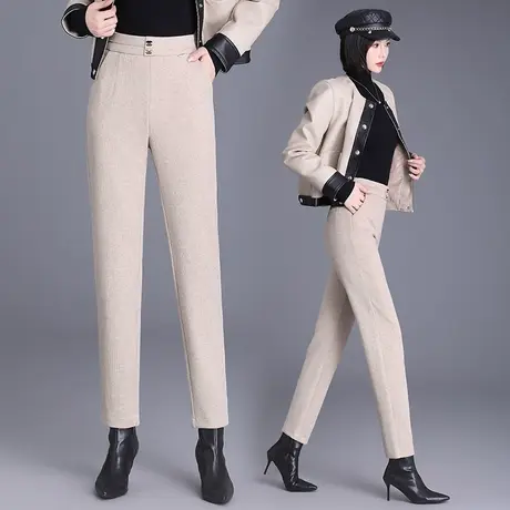 仿羊绒毛呢哈伦裤女秋冬2023新款高腰显瘦加厚直筒老爹裤萝卜裤子图片