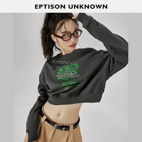 EPTISON短款卫衣2023秋装新款纯棉美式复古时尚辣妹圆领灰色上衣商品大图