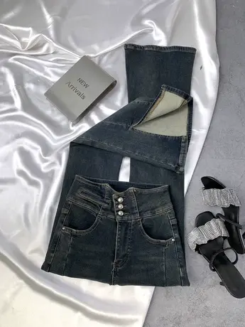 复古做旧排扣牛仔喇叭裤女2023秋冬新款加绒高腰包臀开叉微喇长裤商品大图