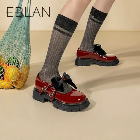 伊伴2023春季新款复古蝴蝶结两穿玛丽珍圆头厚底小皮鞋单鞋晚晚鞋图片