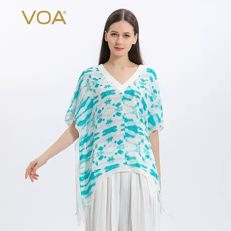 VOA真丝乔其纱印花湛蓝色包肩短袖燕尾设计双层扎染文艺桑蚕丝T恤图片