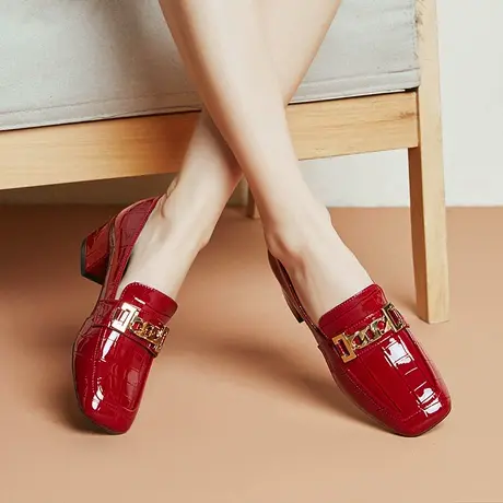 2024新款英伦风红色乐福鞋女中跟小方头透气软皮舒适真皮时尚单鞋图片