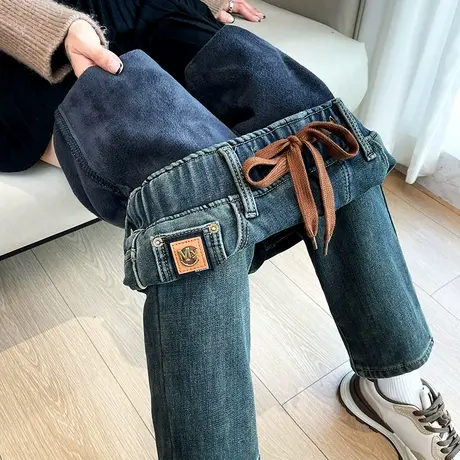 加绒牛仔裤女秋冬季高腰宽松大码胖MM松紧腰显瘦直筒哈伦老爹裤子商品大图