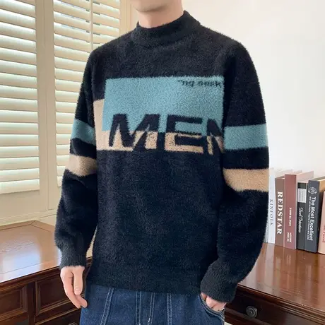 青少年毛衣男大童水貂绒冬季半高领加绒加厚初中生男款冬款打底衫商品大图