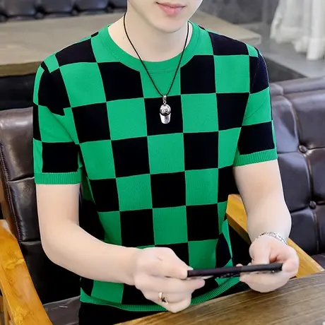 冰丝短袖t恤男士夏季潮牌棋盘格上衣半袖2023新款拼色打底体恤衫商品大图