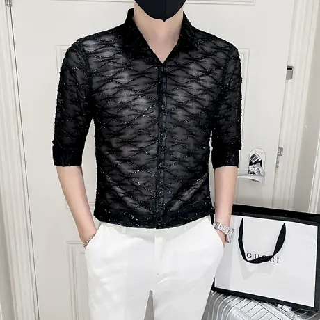 美发型师个性镂空设计感小众衬衫七分袖夏季潮牌夜场痞帅中袖衬衣商品大图