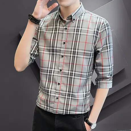 衬衫男士短袖格子商务休闲衬衣七分袖2025年春夏季修身高级感寸衫商品大图