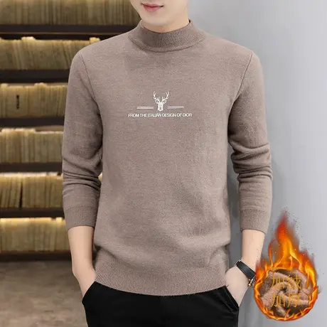 半高领一体绒毛衣男秋冬厚款男士针织衫加绒加厚中领打底衫线衣潮商品大图