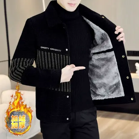 冬季毛呢大衣男韩版修身条纹短款夹克外套高端加绒加厚金貂绒风衣商品大图