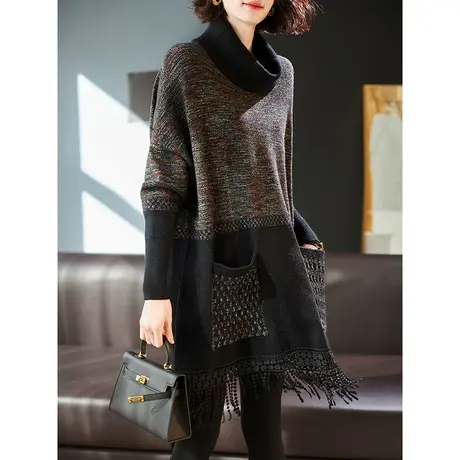 宝诗黎复古高领流苏套头毛衣女蝙蝠长袖中长款宽松针织衫2024新款商品大图