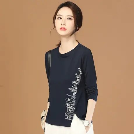 韩潮袭人圆领印花长袖T恤女2023秋季新款宽松休闲百搭上衣打底衫图片
