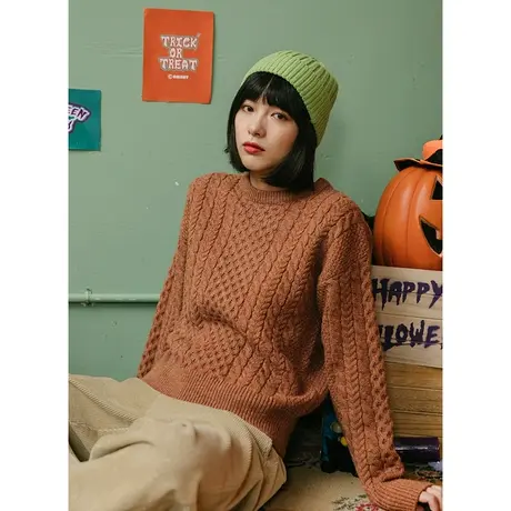 omont蛋挞家 万圣节宽松圆领绞花毛衣女宽松外穿厚长袖针织衫秋冬图片