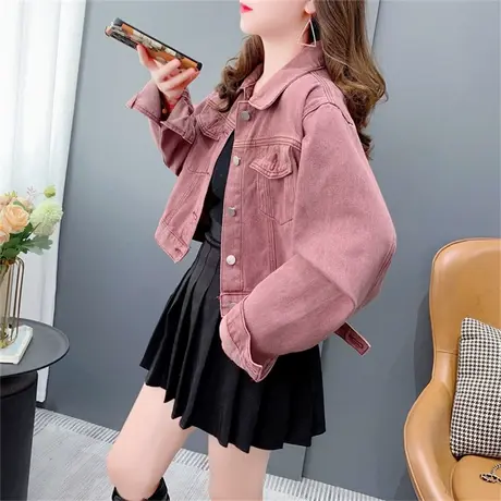 玫瑰紫短款小个子牛仔外套女秋冬2023年新款韩版宽松百搭高腰上衣商品大图