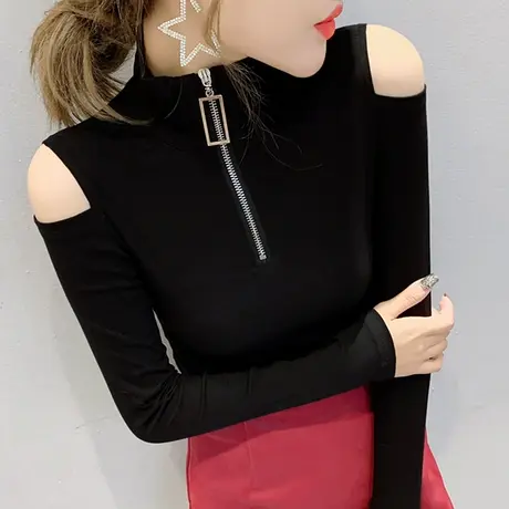 高领打底衫女长袖2024春秋新款性感露肩T恤女修身百搭气质上衣潮商品大图