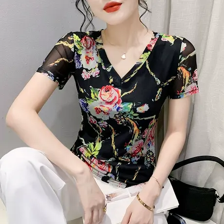 时尚网纱T恤女短袖2024夏装新款性感V领小衫气质漂亮减龄印花上衣图片