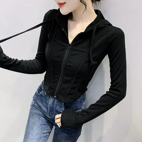 短款开衫卫衣女2024新款春装设计感小众拉链长袖上衣修身连帽外套图片