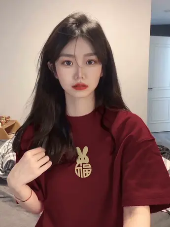 酒红色纯棉兔子短袖t恤女2024春夏季新款设计感小众半袖宽松上衣图片