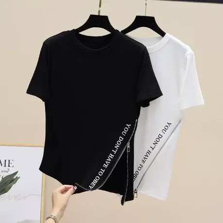 2023夏装新款不规则T恤女短袖开叉设计感拉链上衣气质修身小衫潮商品大图