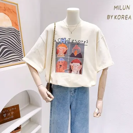 韩国东大门2023秋款上衣ins油画风磨毛加厚T恤纯棉打底衫遮肉叠穿商品大图