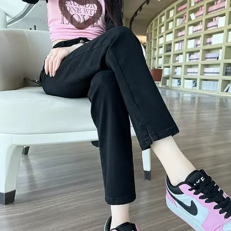 黑色烟管裤女2023春秋新款高腰修身显瘦小个子八九分直筒牛仔裤子图片
