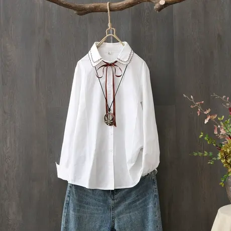 韩版文艺小清新衬衣春秋新款刺绣棉质休闲长袖学生衬衫女打底上衣商品大图