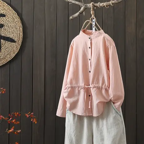 枫谜2021年春装新款文艺简约收腰棉麻衬衫女宽松休闲亚麻衬衣上衣商品大图