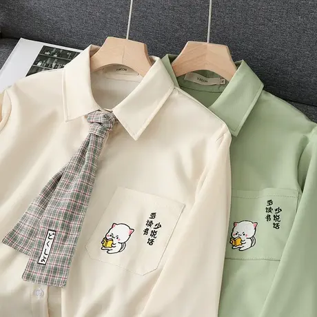 夏装日系软妹学院风童趣可爱小熊印花口袋宽松长袖衬衫少女送领带图片