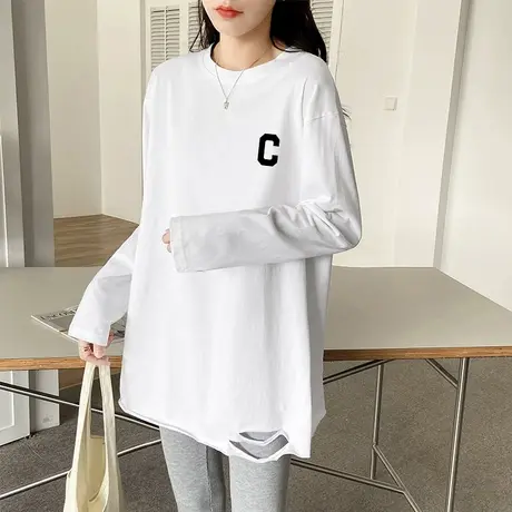 纯棉白色中长款宽松T恤女长袖打底衫2022年春装新款基础款内搭潮图片