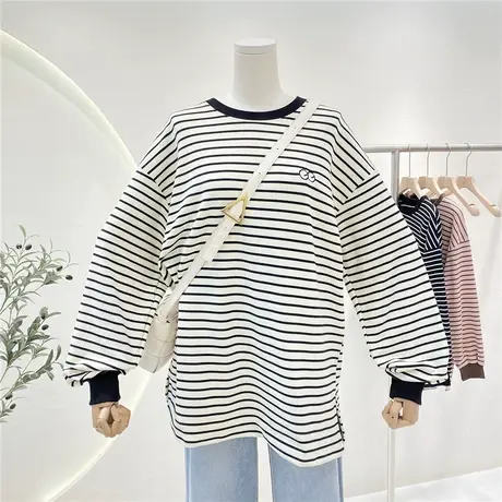 秋冬新款眼睛刺绣条纹中长款长袖t恤女宽松磨毛加厚保暖打底上衣商品大图
