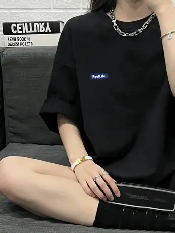 宽松t恤设计感小众中长款大码大版上衣服微胖遮肉显瘦黑色短袖女图片