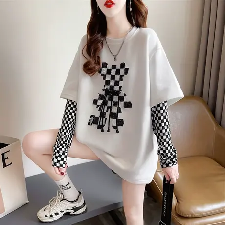 长袖t恤女秋冬韩版宽松加绒加厚中长款外穿德绒假两件打底衫上衣商品大图